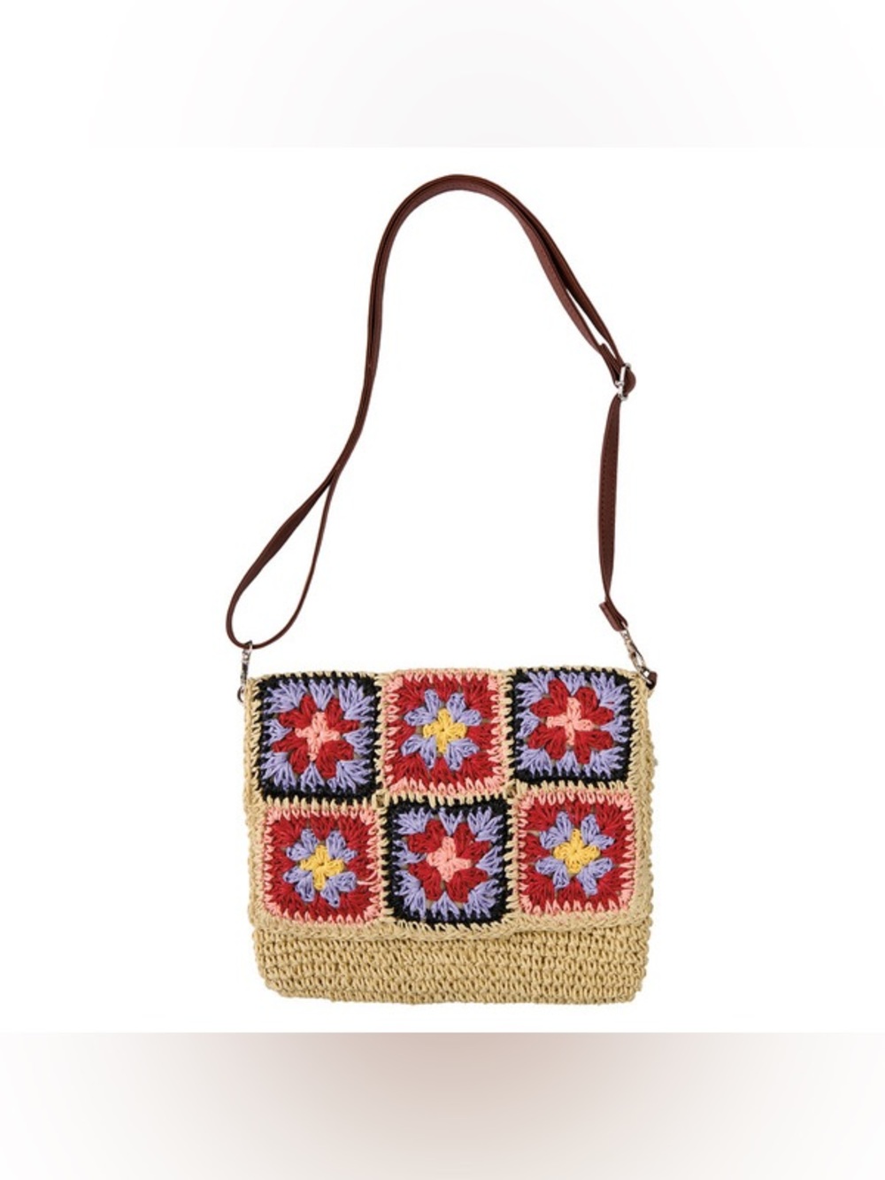 NWT LS Live In Style Square Straw Patch Crochet Crossbody Bag